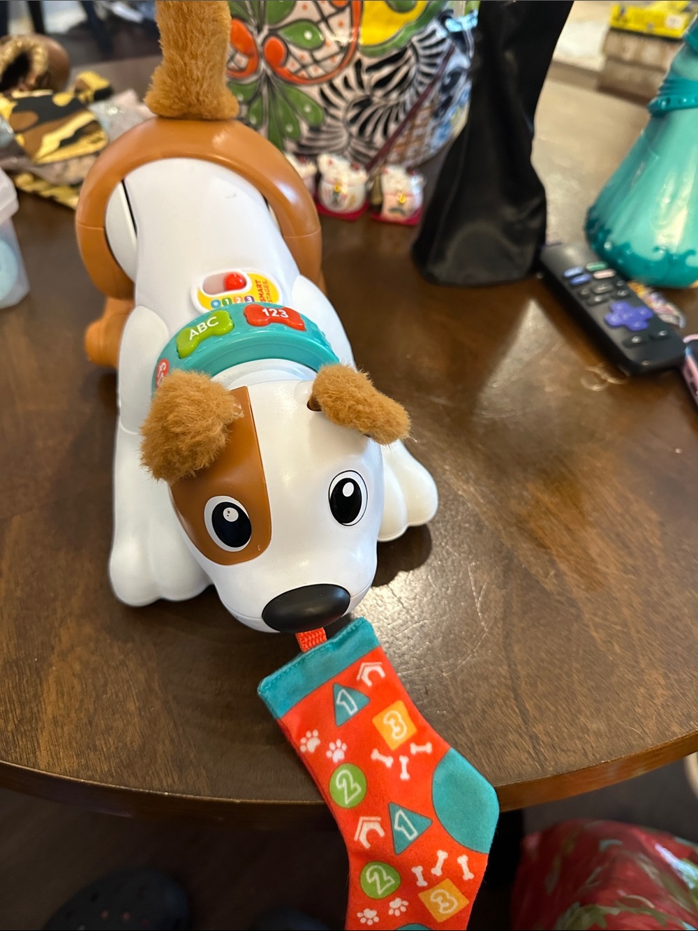 Fisher-Price Pull-Along Learning Puppy in White, Brown, Teal and Red
